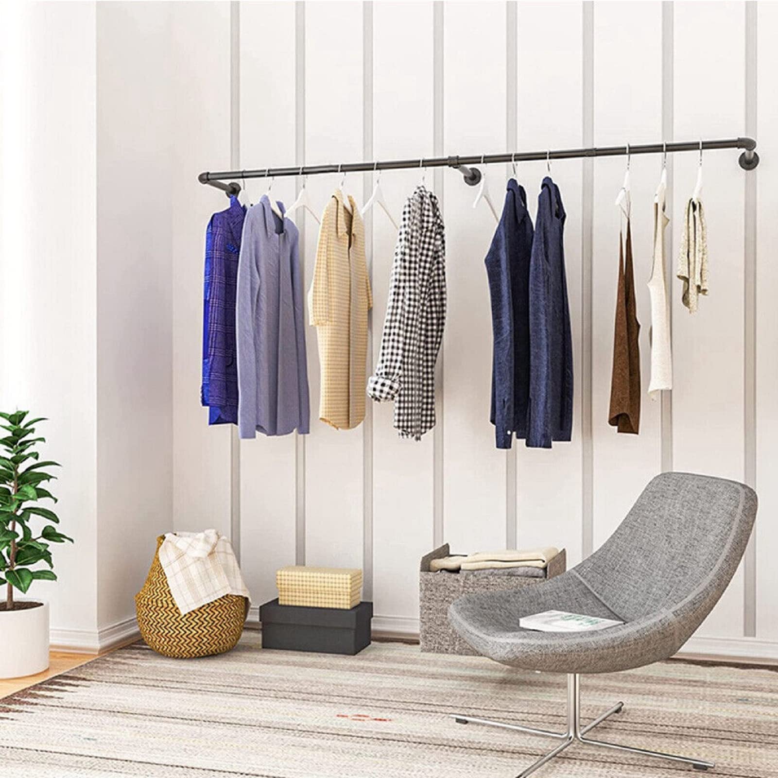 Youyijia Kleiderständer für die Wand 200cm Rohr Kleidergestell Industrieller Stil Wandhänger Abnehmbare Metallkleiderstangen Garderobenstange Schlafzimmer für Flure Wohnzimmer Schlafzimmer