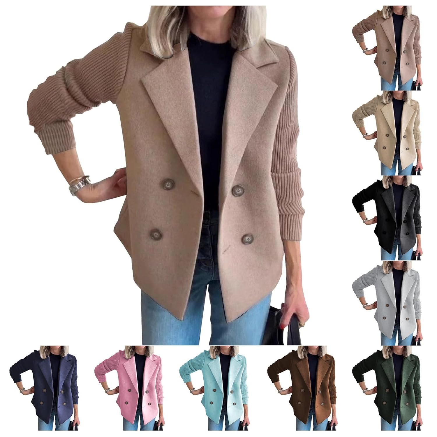 Womens Wool Blend Coat Casual Patchwork Jacket Lapel Button Knitted Blazer Business Work Jackets Fashion Sweater