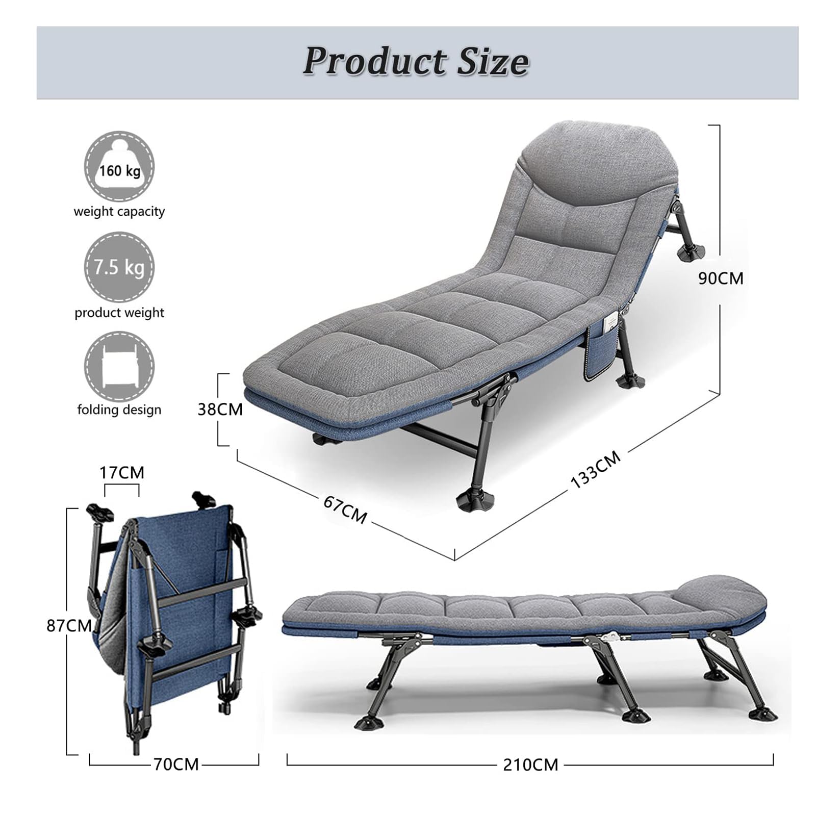 Lit de Camp Pliable 1 Personne, Lit de Camping Adulte avec Matelas et Poche LatéRale, Dossier RéGlable 5 Positions, Charge Jusqu'à 160 Kg, pour L'ExtéRieur, Le Camping, Les Voyages