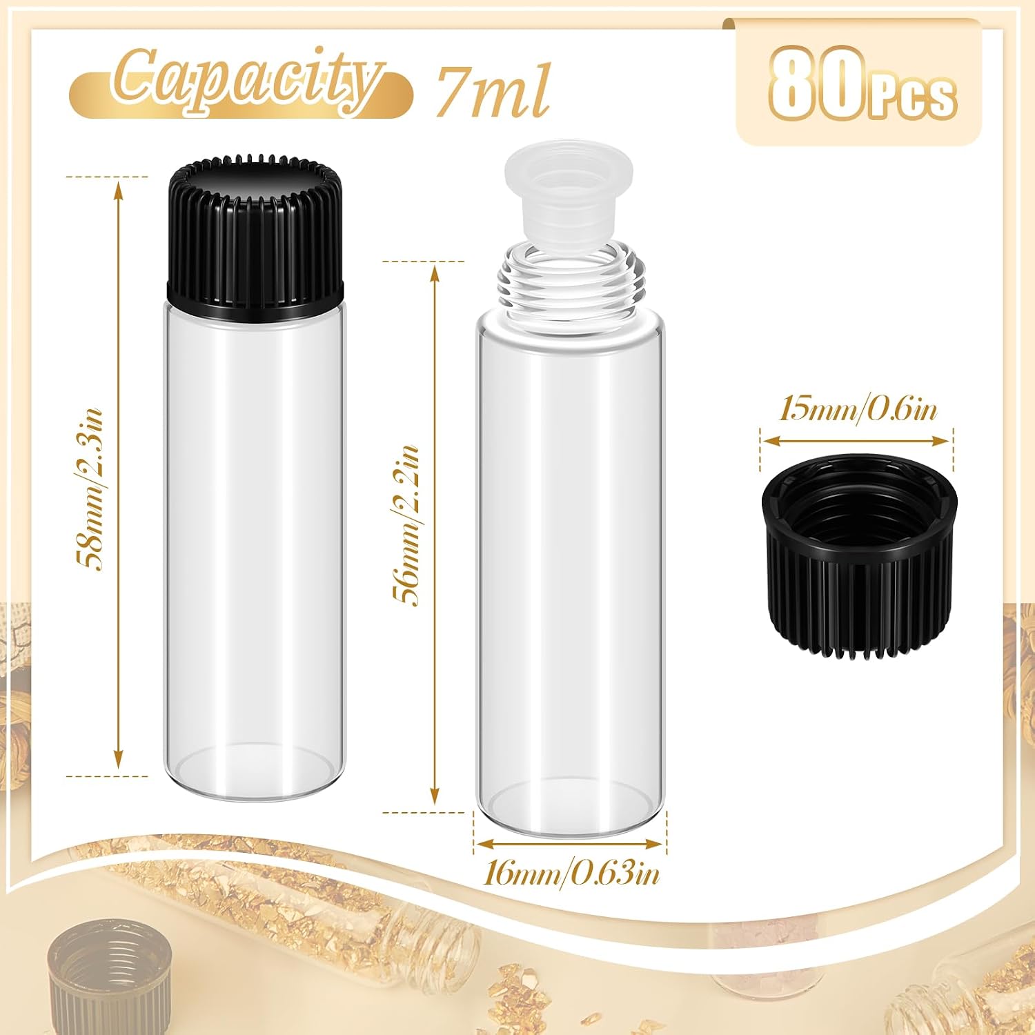 Lallisa 80 Pcs 7 ml Glass Vials with Screw Caps, Leakproof Small Glass Bottles Bulk, Mini Sample Vials with Plastic Stopper for Essential Oils, Sample, DIY Craft (Clear with Black Cap)