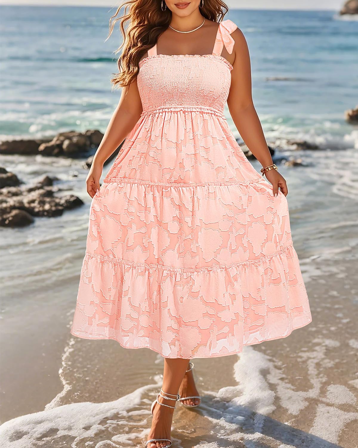 Plus Size Summer Dress 2025 - Sun Boho Spaghetti Strap Lace Floral Casual Beach Smocked Maxi Dress - Image 5