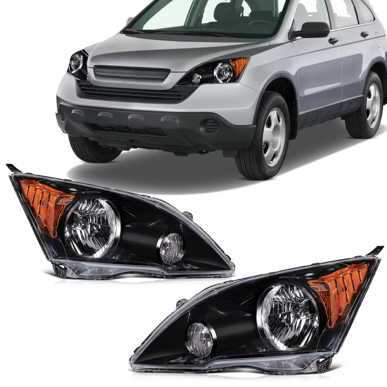 SCITOO Headlight Assembly Fit 2007-2011 for Honda CRV CR-V Pair Headlamps Black Housing Amber Reflector HO2503129