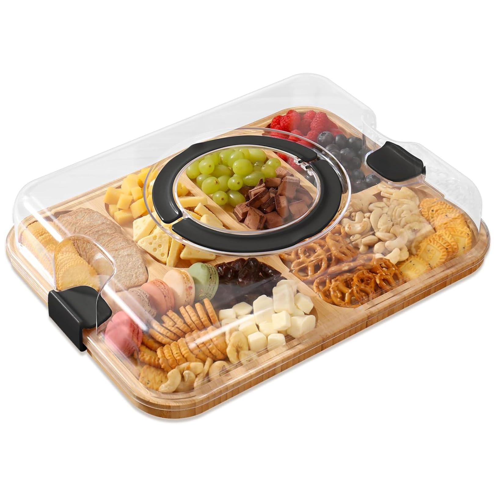Tablas para Embutidos con Tapa, Tabla para Embutidos con Tapa, Tablas de bambú con Asas Transparentes, Bandeja para Servir de 6 Compartimentos para Cocina, Aperitivos, Tabla