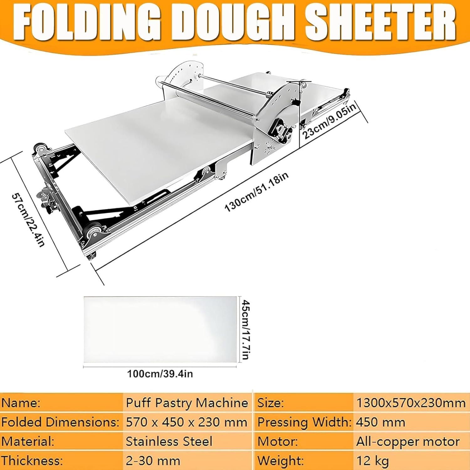 Elektrische Gewerbe-Teigrolle und Teigausrollmaschine, faltbare Teigausrollmaschine aus Edelstahl, manuelle Teigrollmaschine mit 0,2–3cm Dickeneinstellung, ideal als Teiglaminator für Fondant
