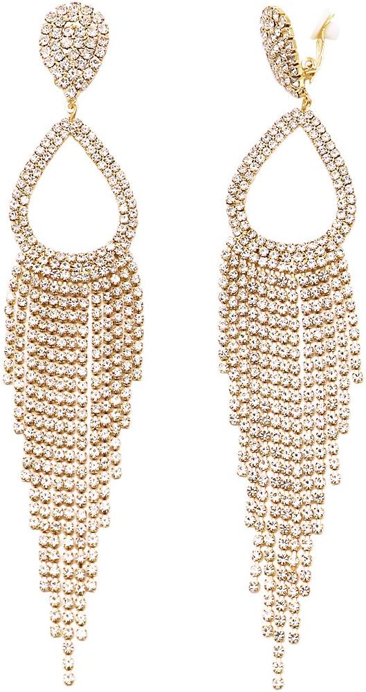 Rosemarie Collections Women's Stunning Bejeweled Crystal Rhinestone Teardrop Fringe Statement Shoulder Duster Earrings, 5.75"