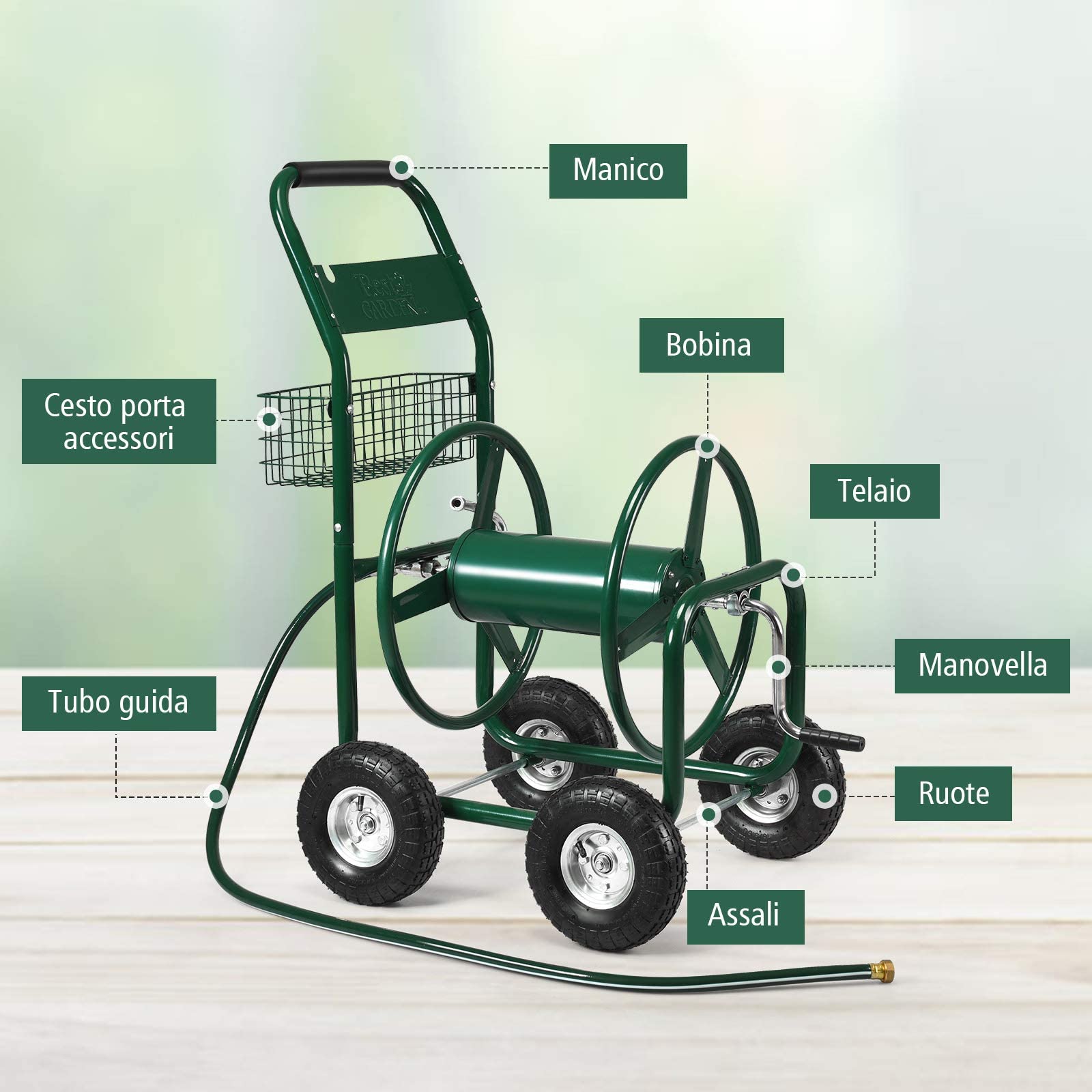 GYMAX Carrello Avvolgitubo da Giardino in Metallo e Gomma,con Ruote e Cestello