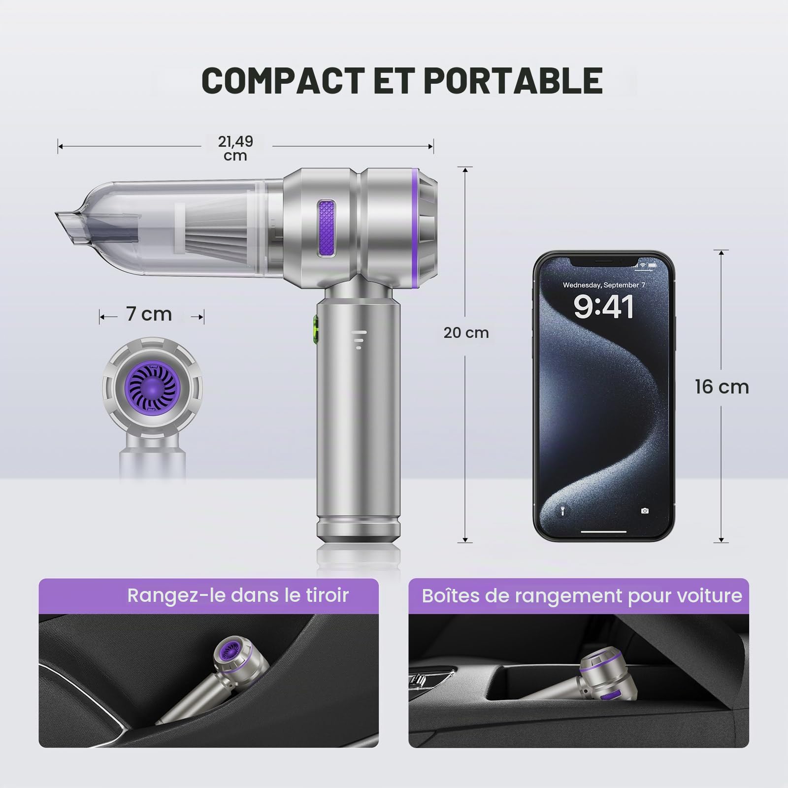 KITBEZN Aspirateur Voiture, 26000PA Mini Aspirateur à Main Puissant sans Fil, 220000 TR/Min Moteur sans Balai