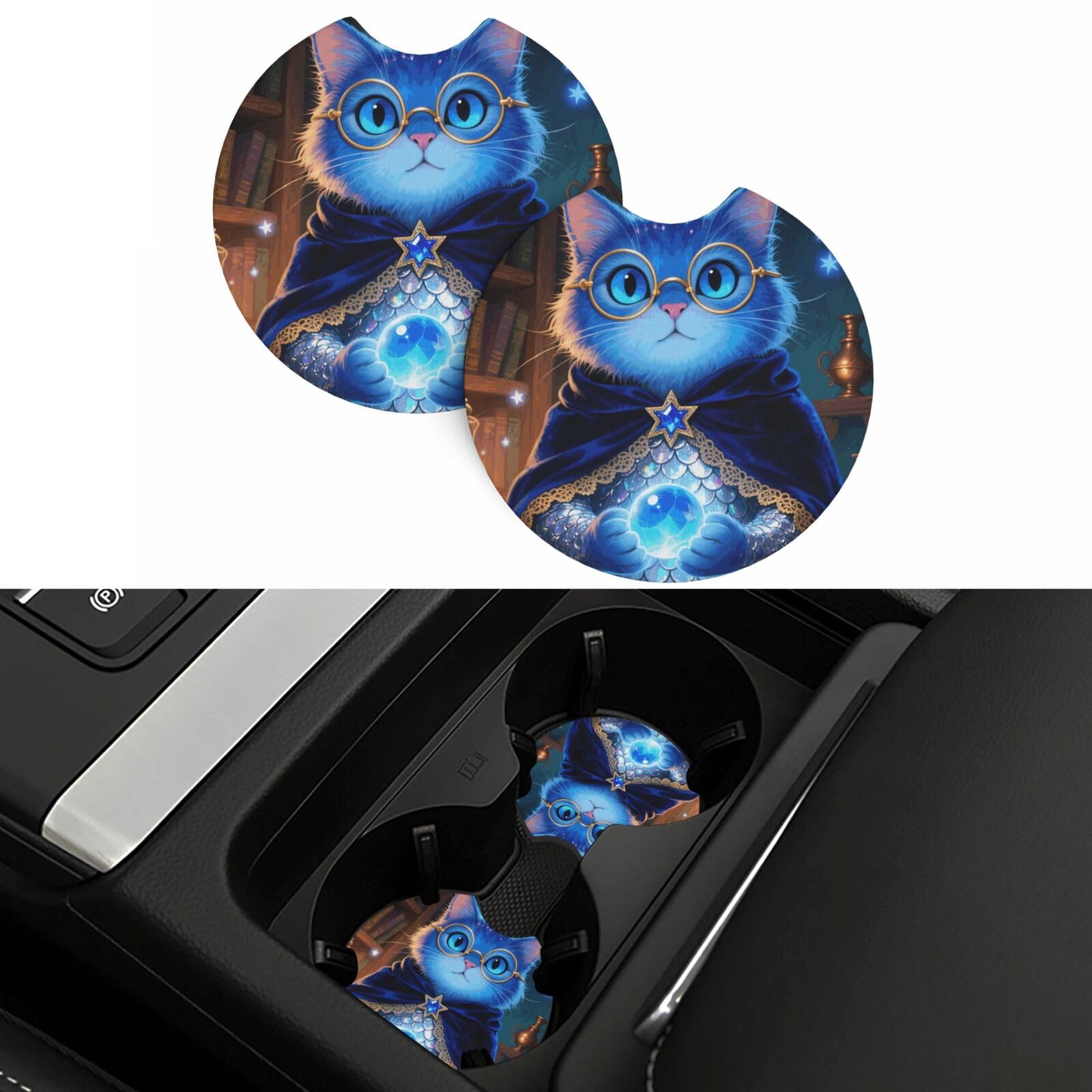 2 Pack Car Coasters,2.7" Universal Car Cup Holder Coasters Non-Slip Neoprene Cup Pad Mat Coaster Car Interior Accessories for Women Men Blue Glitter Cat
