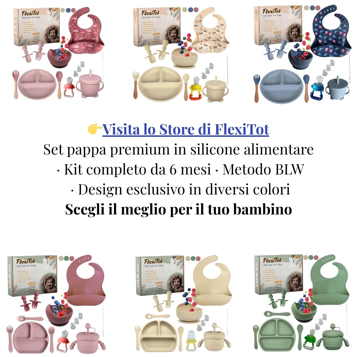 FlexiTot | Set prima pappa svezzamento – Cucchiaio silicone, bicchiere, contenitore frutta, piatto con ventosa, babero impermeabile, ciotola antiscivolo, accessori BLW | 6+ mesi | Rosa |Senza BPA