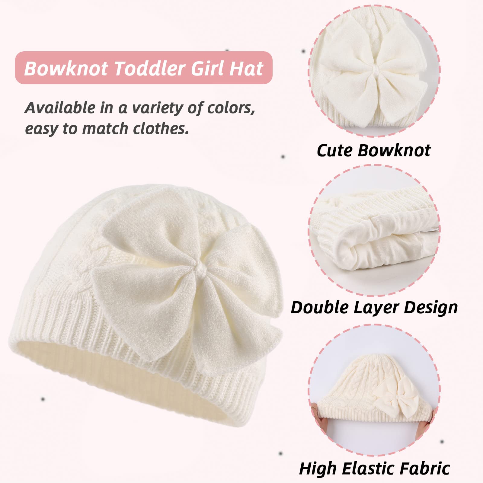 Baby Girl Winter Hat Cute Bow Baby Beanie Warm Knitted Hats for Infant Toddler Girls (White, M)