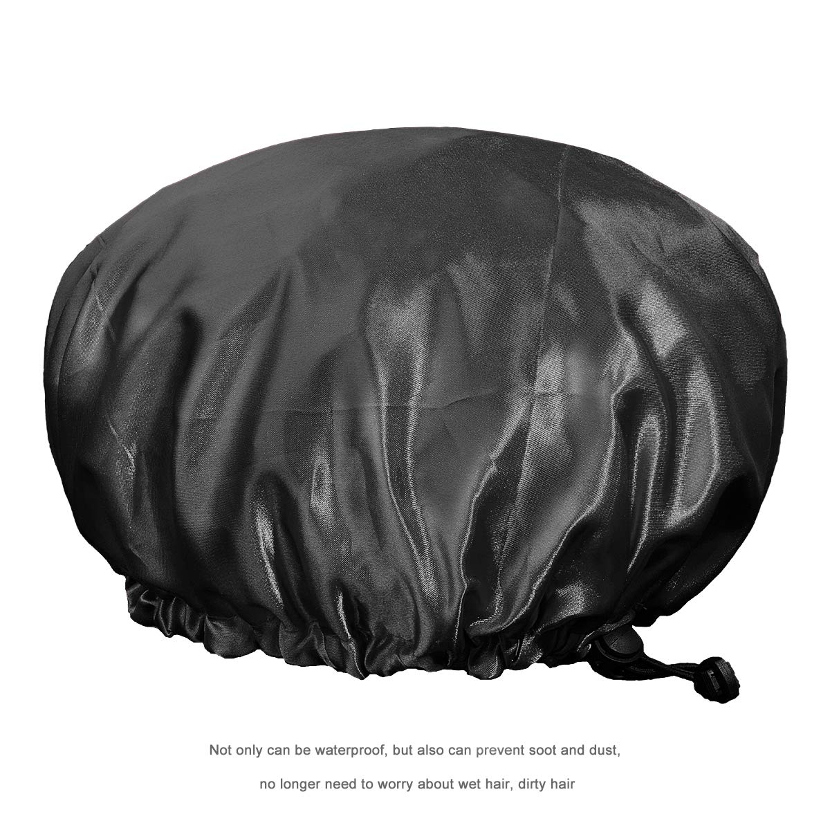 Aquior Shower Cap With Adjustable Elastic Band, Extra Large Reusable Bath Caps, Double Waterproof Layers Premium Sumptuous Silky Satin Shower Cap for Long Hair (Black)