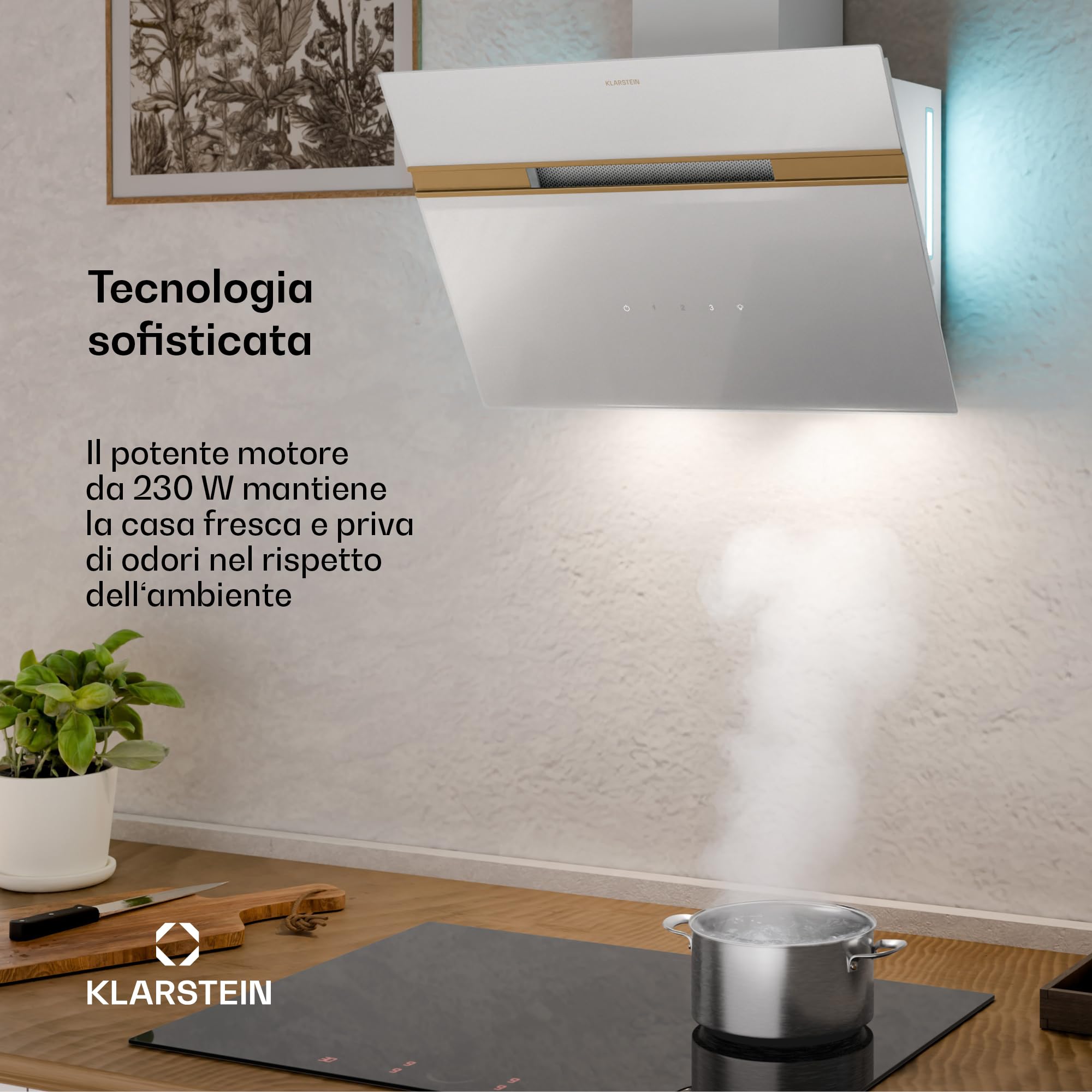 Klarstein Alina - Cappa Aspirante, 60cm, Cappa a Parete, 600 m³/ora, LED 9 Colori, Touch Control, Classe A, Silenziosa 52 dB, Bianco-Oro, Scarico & Ricircolo
