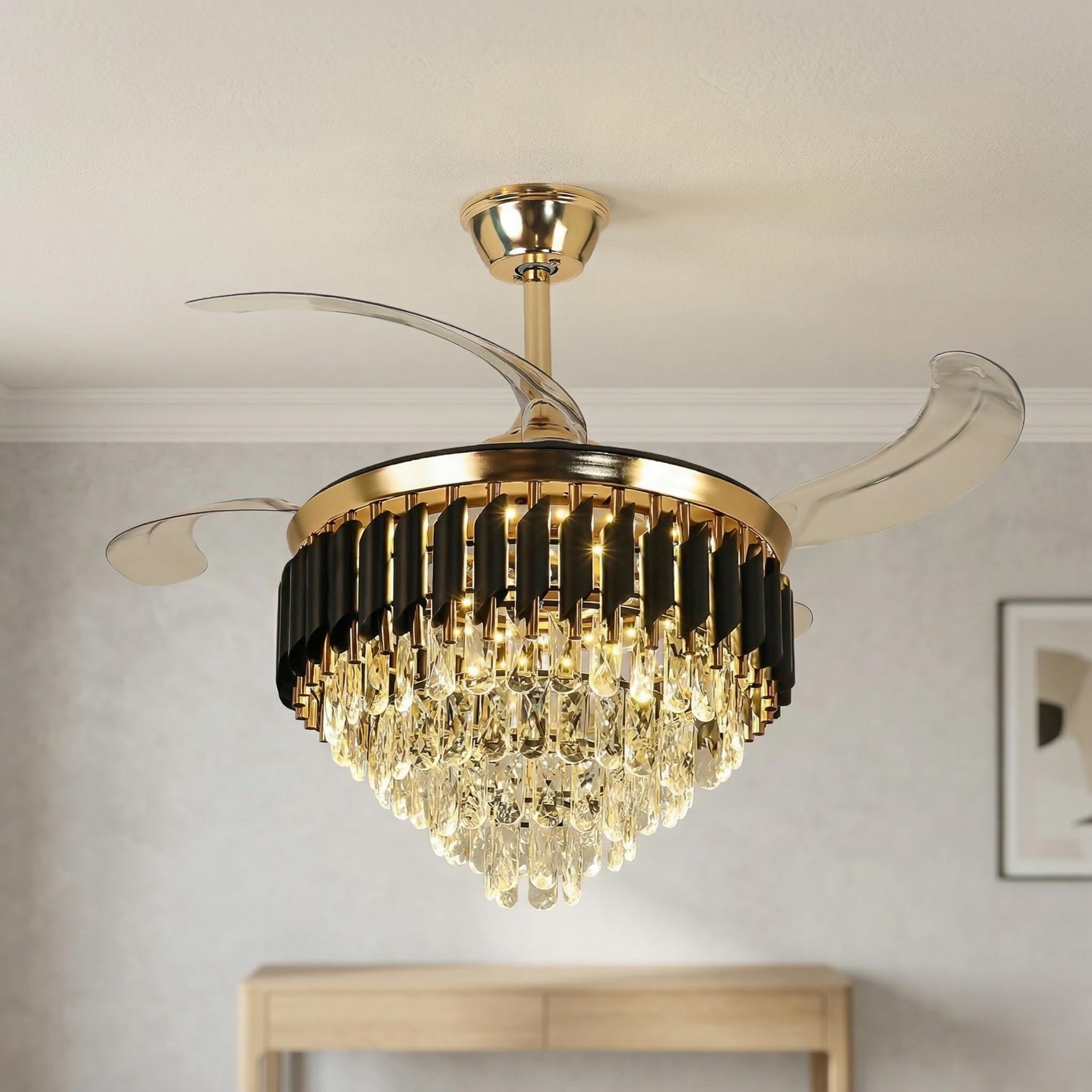 Desidiya Chandelier Fan with Crystal Light | Modern Chandelier Lights for Ceiling | Jhoomar Light for Home Hall & Living Room | Hanging Ceiling Jhumar with Remote & 3 Color Modes