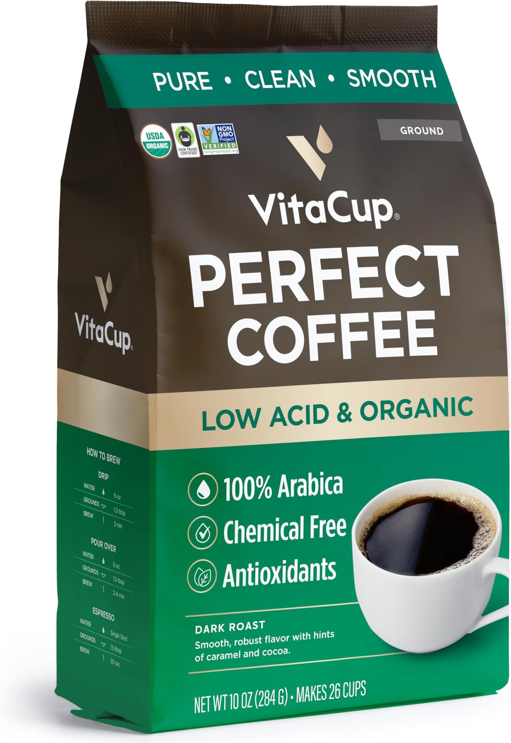 Perfect Low Acid Coffee Ground, USDA Organic & Fair Trade, Mycotoxin Free, Dark Roast Guatemala Single Origin, Clean & Pure for Drip Coffee Brewers and French Press, 10 ounces