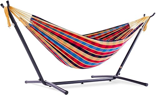 Vivere - Hamaca doble de algodón con soporte de acero que ahorra espacio (204kg 450libras de capacidad. Incluye bolsa de transporte de primera