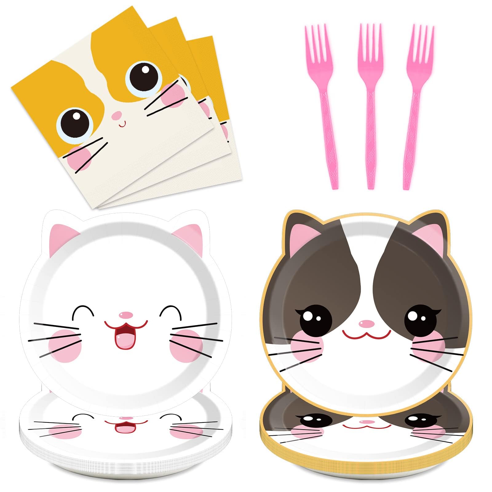 96 Pieces Cat Party Supplies Cute Kitten Birthday Theme Tableware Set Decorations Kitten Disposable Dinnerware Paper Plates and Napkins Forks for Cat Theme Birthday Baby Shower Party Favors 24 Guests