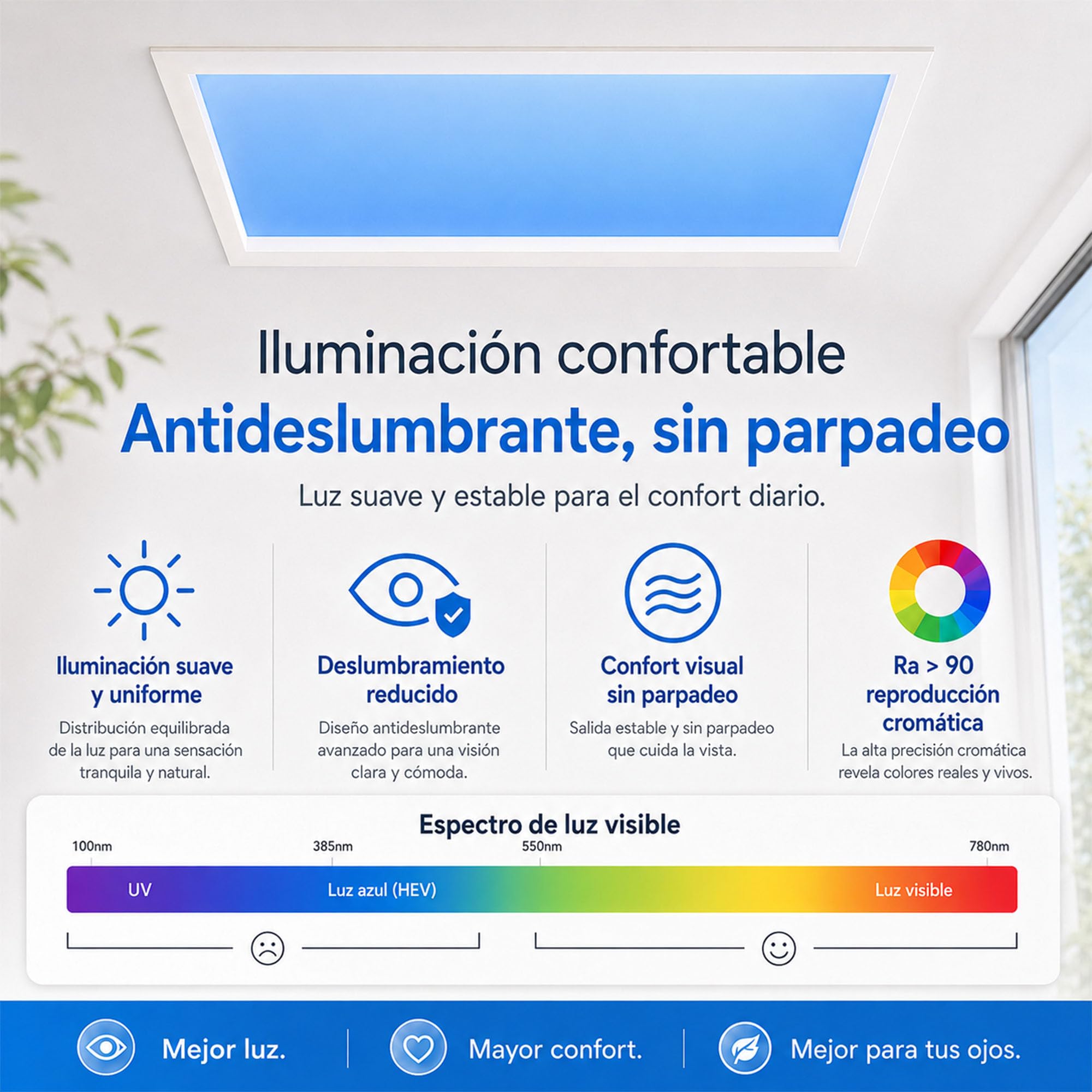 Plafon LED Techo Cielo Azul, Tragaluz Tuya 2200-10000K | Efecto cielo realista, Luz natural suave, Para sótano baño pasillo, Instalación empotrable, 5 tamaños: 30x30 a 60x120cm