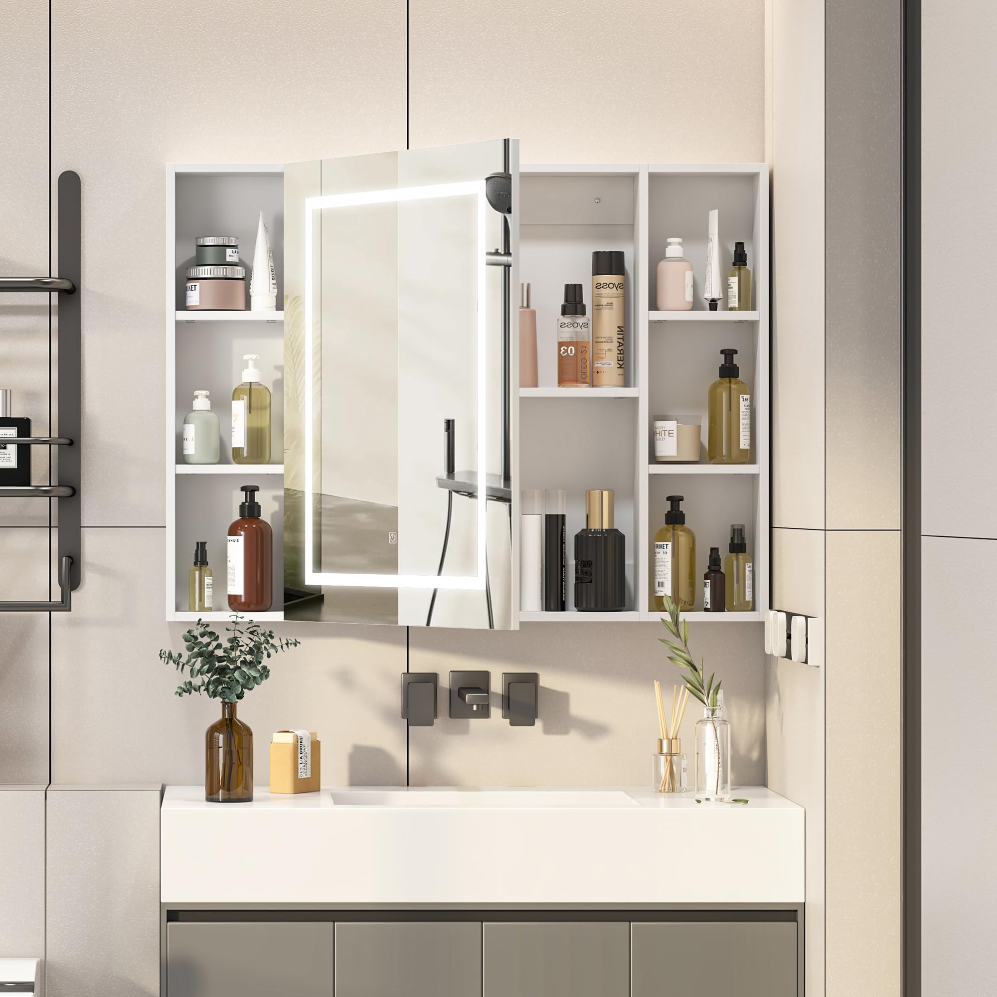 KEEPREAPER Spiegelschrank Bad mit Beleuchtung,Spiegelschrank mit LED-Beleuchtung & Offenen Regalen – 3-Farben-LED, Helligkeitsregelung & HD-Spiegel für Badezimmer (100x76x13.5cm)
