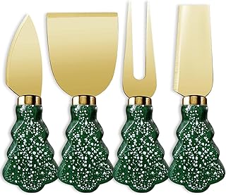 4-Piece Christmas Tree Cheese Knives Set - Gold-Tone Stainless Steel Knives with Festive Wood Handles for Charcuterie Board, Holiday Gifts