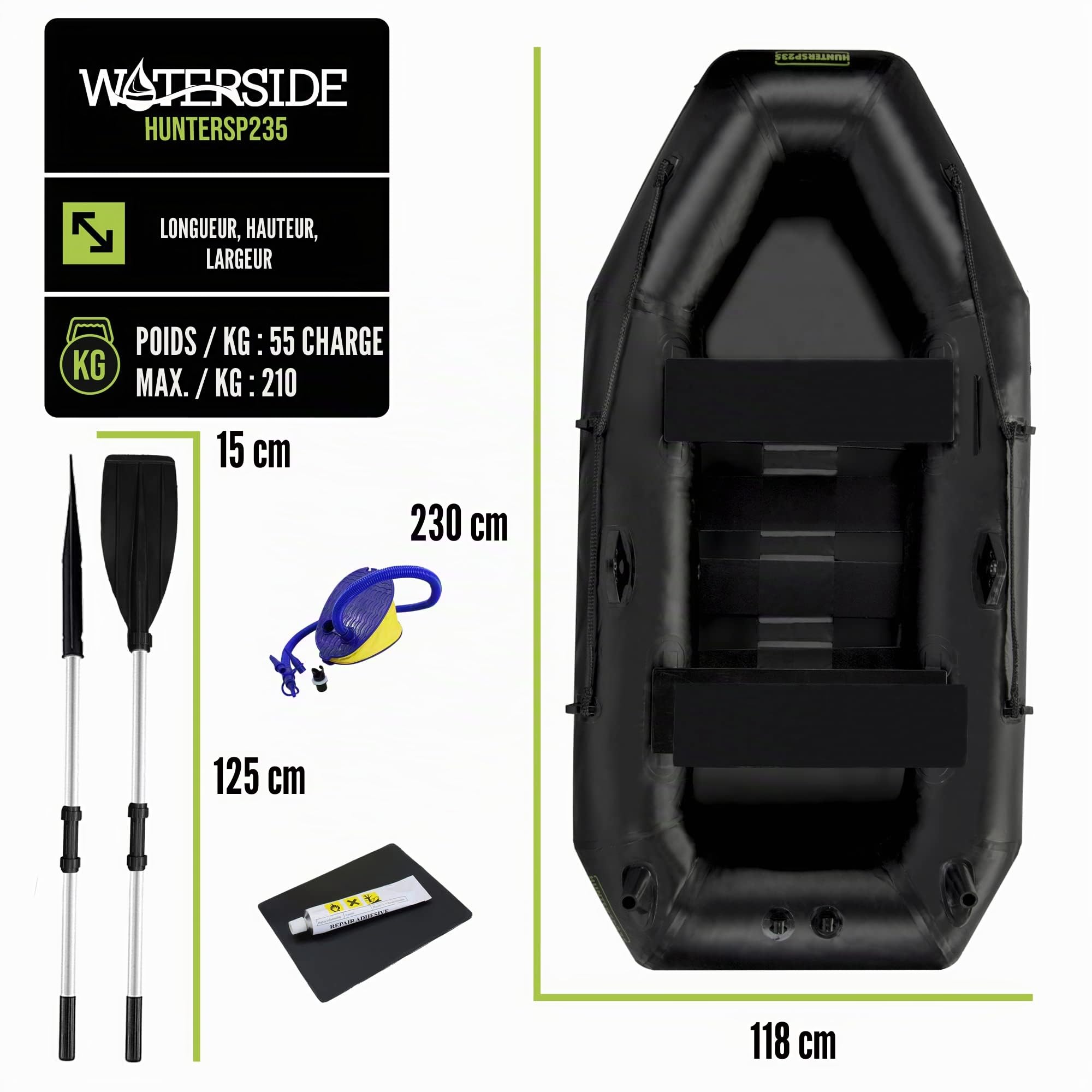 Waterside Hunter SP 235 Bateau gonflable 230 cm jusqu'à 210 kg avec pagaie et pompe | PVC de 0,7 mm - Charge maximale : 210 kg - Poids net : 15 kg - Avec pagaie et pompe