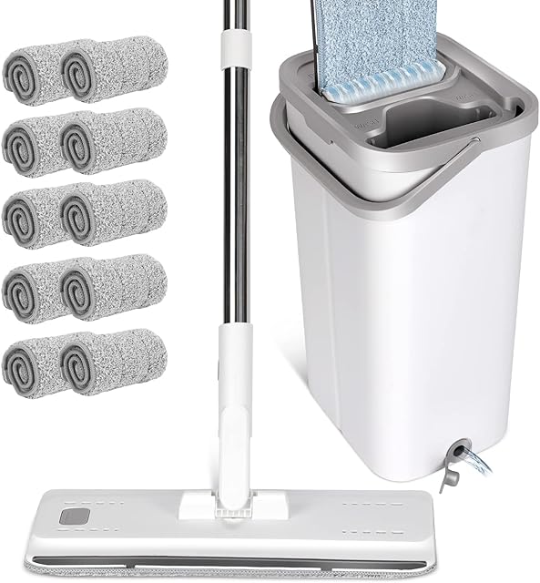 Masthome Mop and Buckets Sets, Flat Mop Bucket with 10pc Reusable Pads & 140cm Long Handle, Microfibre Mops for Cleaning Laminate Tile Hardwood Floors