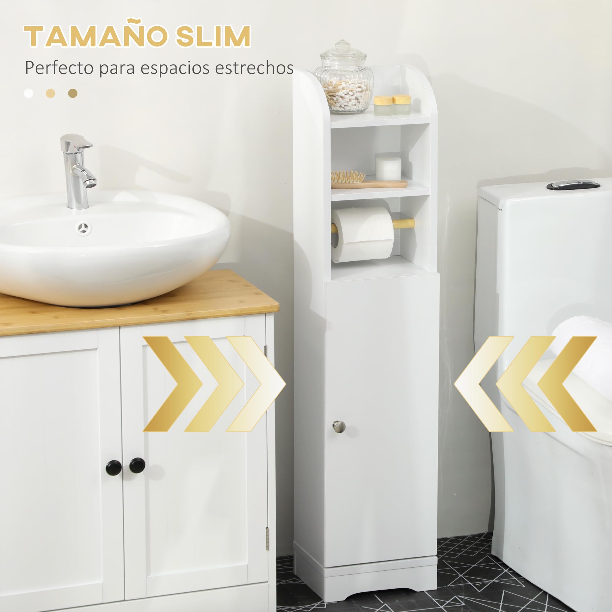 kleankin Armario de Baño Columna Auxiliar de Baño Armario Multiusos con Estante Ajustable y Portarrollos de Papel para Dormitorio 23x18x100 cm Blanco