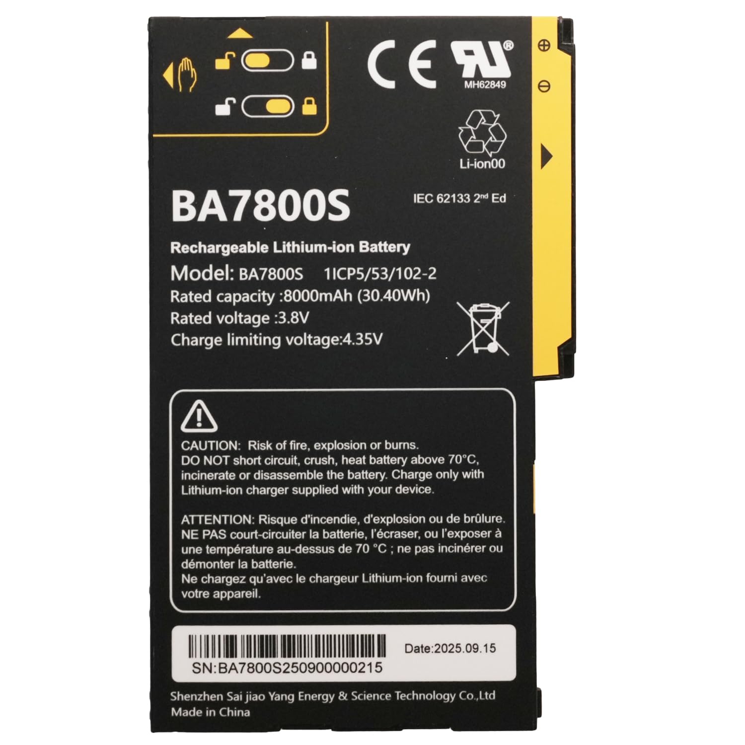 XITAIAN Batterie de rechange 3,8 V 30,4 Wh 8000 mAh BA7800S compatible avec GPS portatif A8 Outdoor Beidou