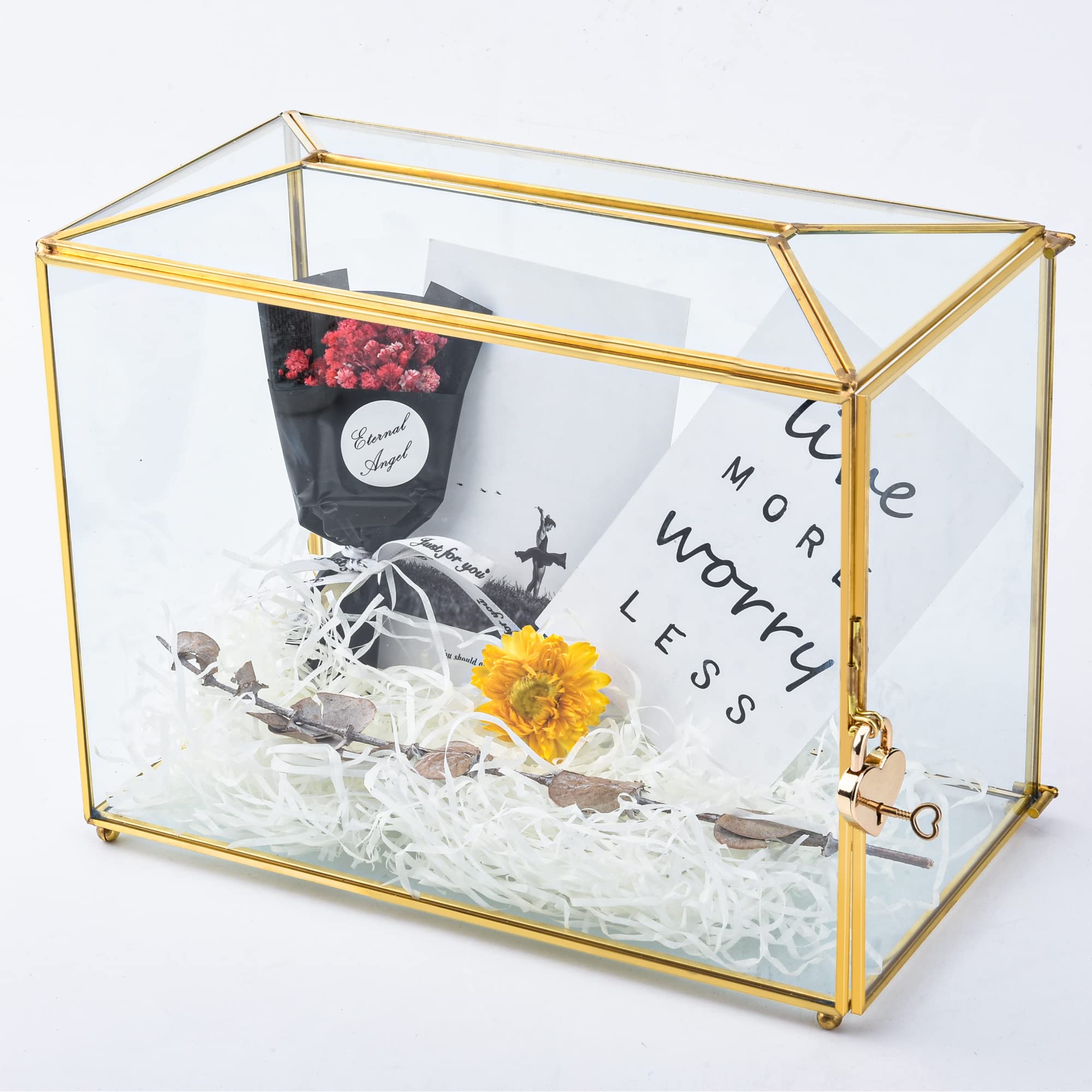 Pudełko na karty ślubne 28 cm, złote szklane etui na karty z zamkami i przegródką na górze, przezroczyste terrarium w kształcie geometrycznym na pamiątkę/wieczór panieński/głosowanie, ręcznie