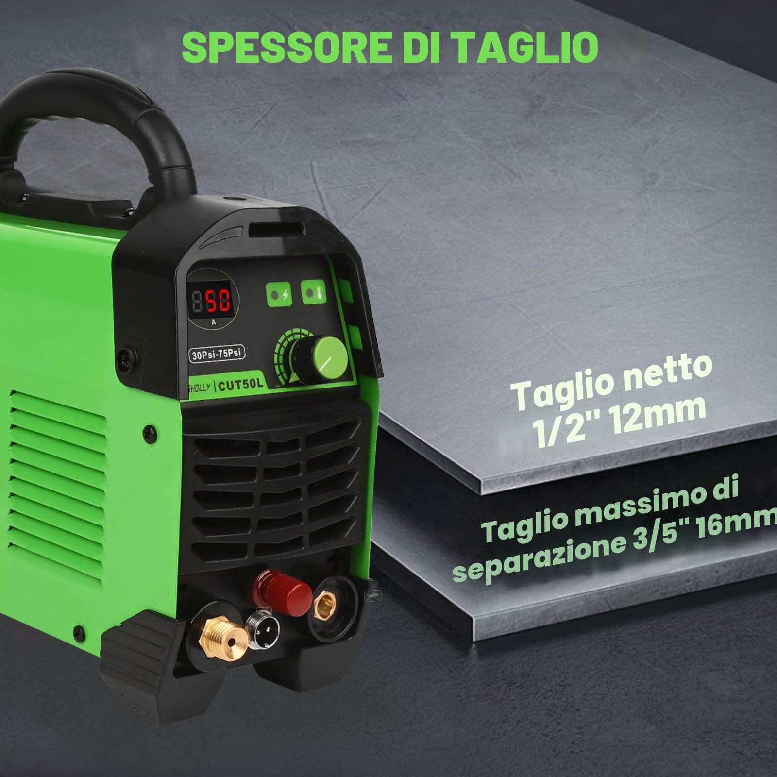 Macchina Taglio Plasma con Pilot Arc Non-Touch da 50 Amp e 240V, con un Max Cut di 16 mm, un Clear Cut di 12 mm, display digitale e aggiornamento CUT50L