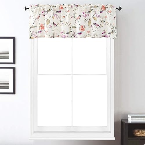 Miniatura 2 de VOGOL Cortinas decorativas con cenefa para habitación de niñas, estampado de flores de pájaros rosados, cortina de ventana pequeña, cenefa con