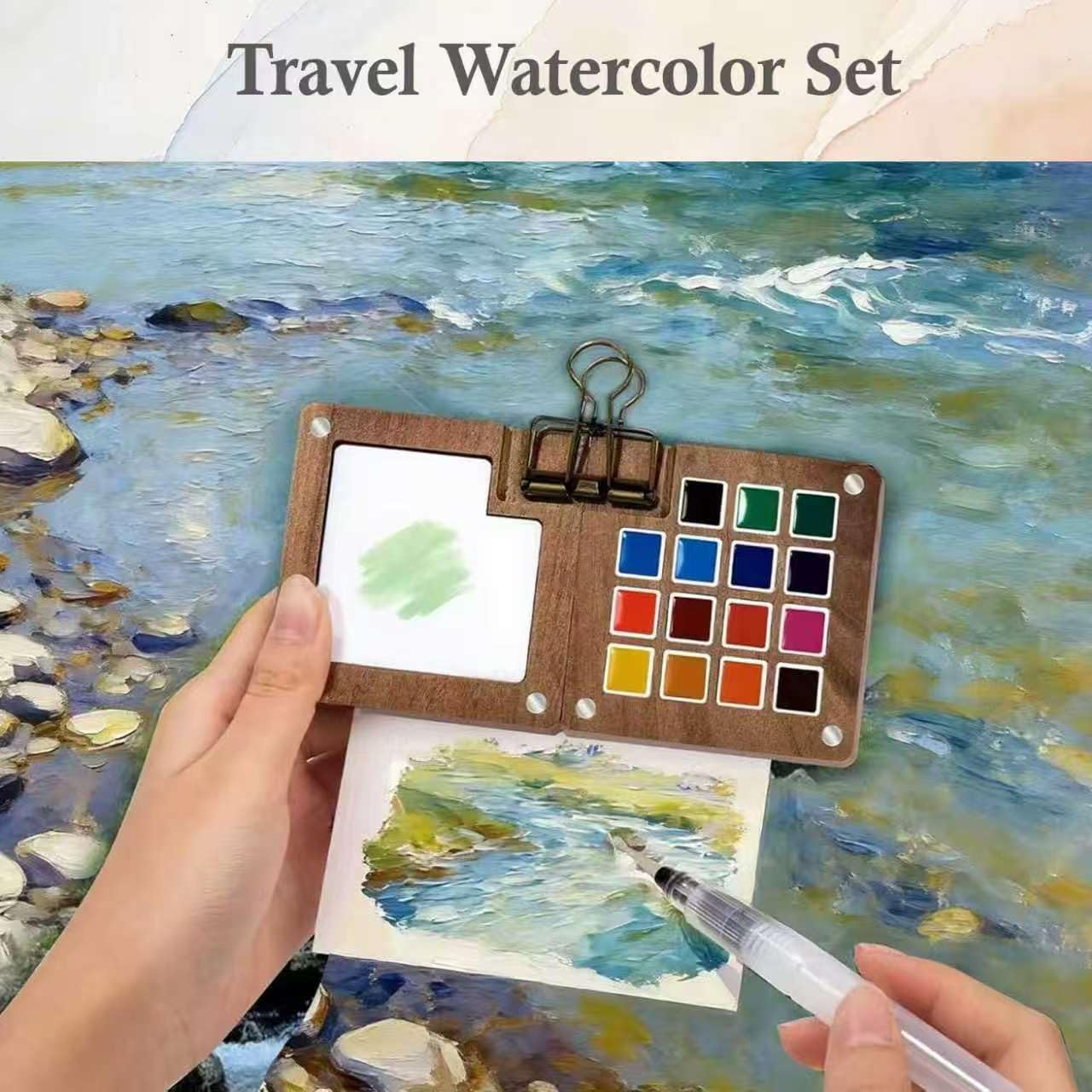 Mini Watercolor Paint Set with 15 Grid Travel Portable Palette Pocket Artists Wooden Grid Paint Box for Kids Painters Students, 12 Colors