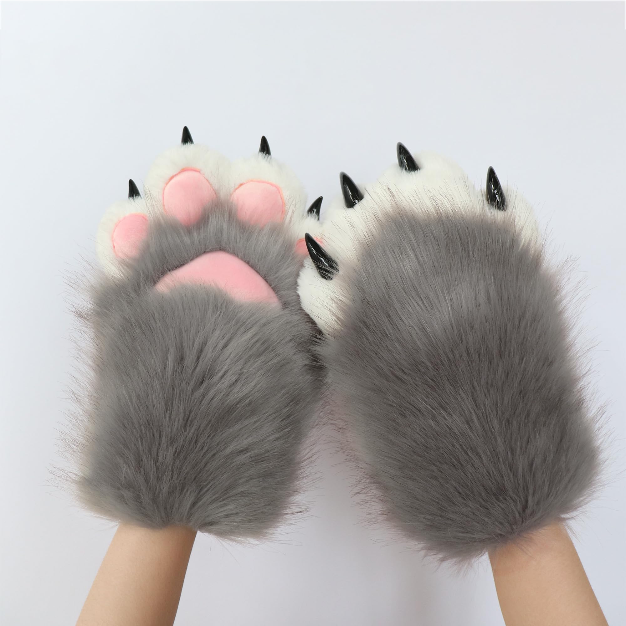 Grey Therian Furry Paws With Claws - Faux Fur Comfy Gloves for Cosplay Costume - Fluffy Fox and Wolf Accessories - Image 2