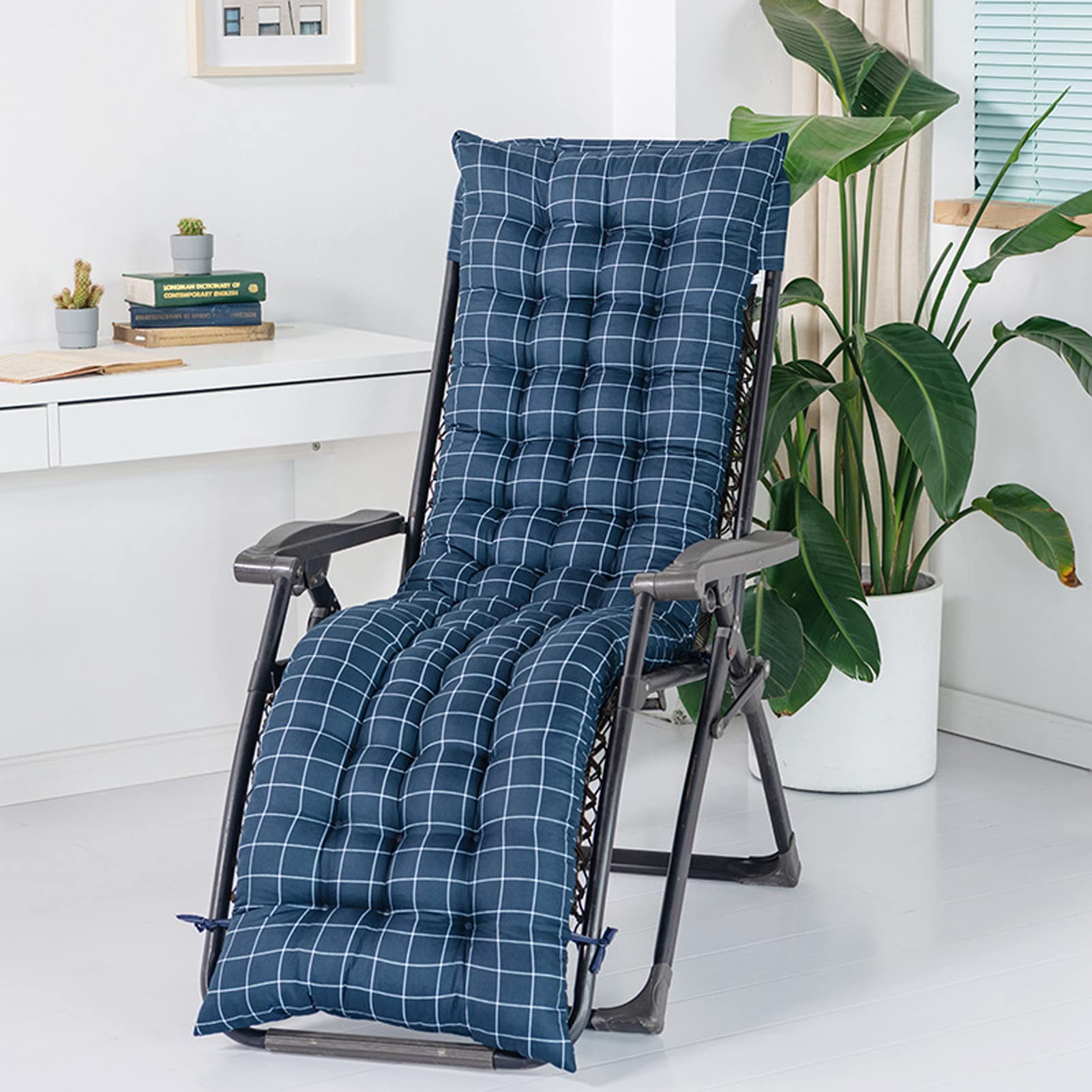 Cojín Tumbona Colchón, Colchoneta para Tumbona Acolchada, Cojin Tumbona Acolchado Relleno de Fibra para Jardín, Piscina, Playa, Terraza y Balcón(Size:48 x 170 cm,Color:Cuadros Azul)