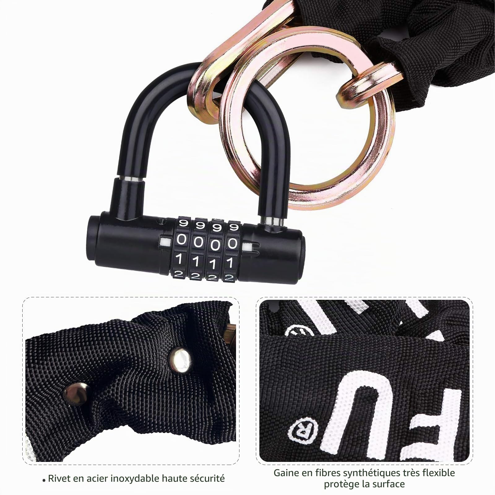 Antivol Velo Antivol Moto, Chaînes Antivol Haute sécurité avec 4 clés, 100/12cm Longueur Antivol de moto Chaîne 10mm Dia avec Cadenas à Combinaison