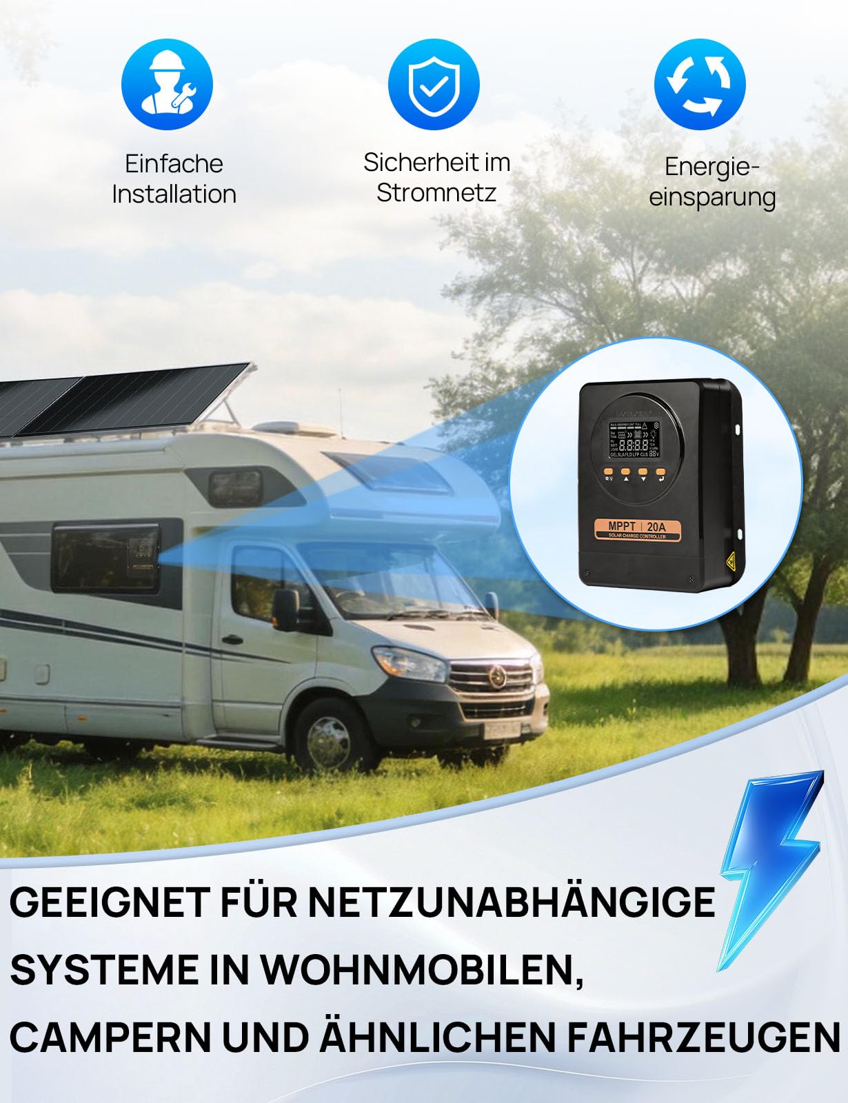 ECO-WORTHY 20A MPPT Laderegler, 12V/24V mit automatischer Erkennung, Bluetooth, App und Display, kompatibel mit Blei-Säure-/SLA-/FLD-/LFP-Batterien, geeignet für Wohnmobil und netzunabhängige System