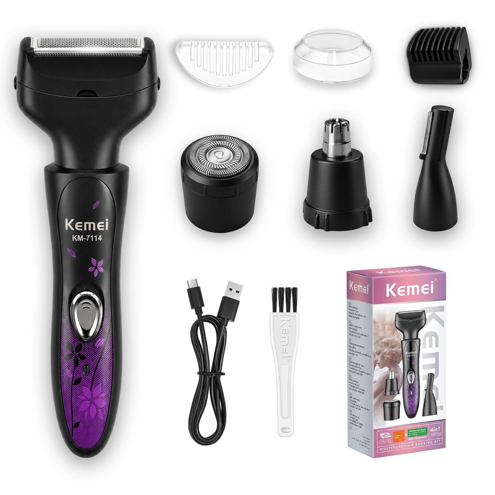 KEMEI Afeitadora Eléctrica Mujer 4 en 1, Depiladora Facial y Recortadora Corporal, USB-C Recargable, Rasuradora Mujer para Bikini, Nariz, Cejas, Axilas y Piernas-Depilación Suave y Precisa, Negro