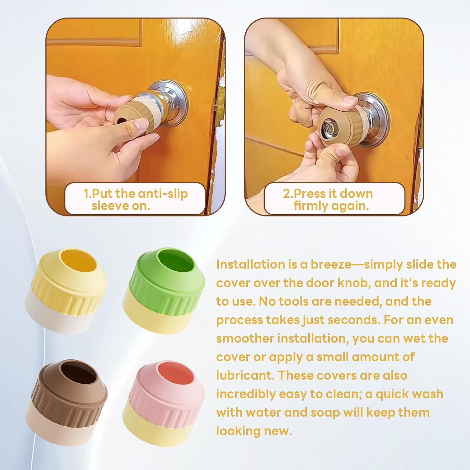 4pcs Silicone Door Knob Cover - Nonslip, Easy to Open and Install, Slip-Preventive, Personalize Your Room, One Size Fits All（Brown, Green, Pink, Yellow）