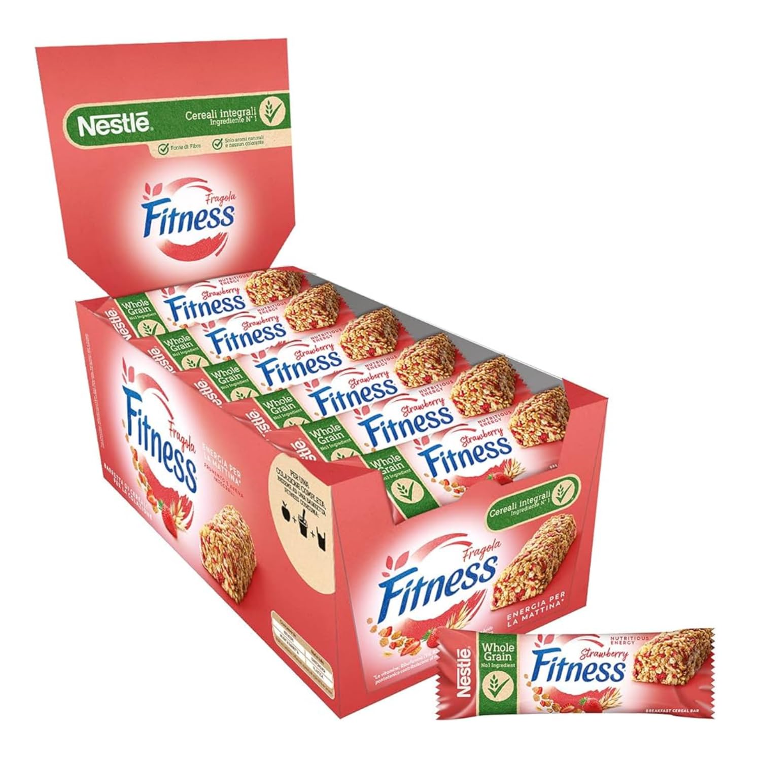 Nestlé® | Fitness Truskawkowe Płatki | Baton płatków śniadaniowych z pełnoziarnistą pszenicą i truskawkami - 24 sztuki (564 gr)