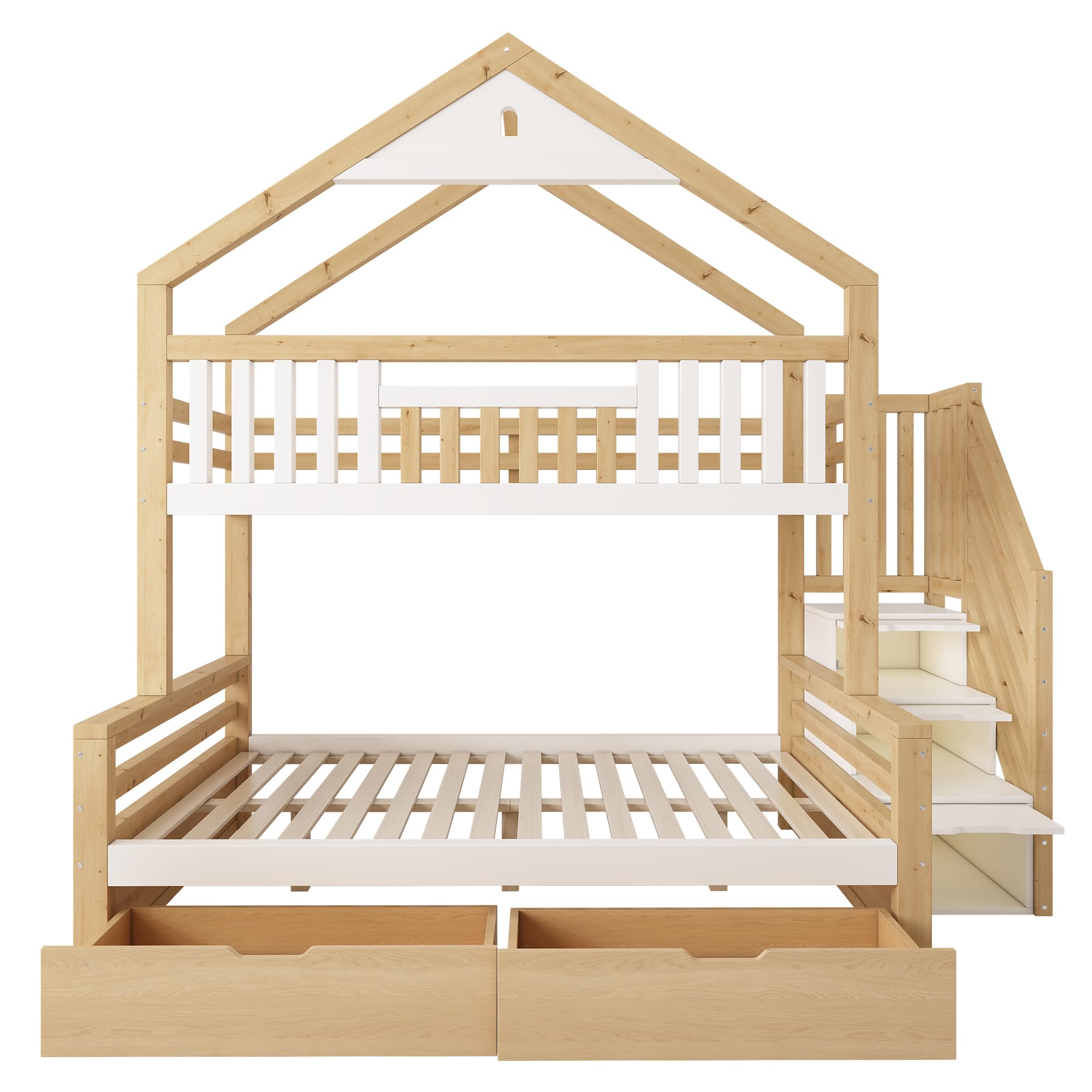 Shye Litera de madera con escalera, 2 cajones, techo a dos aguas, cama familiar, color blanco y roble (sin colchón)