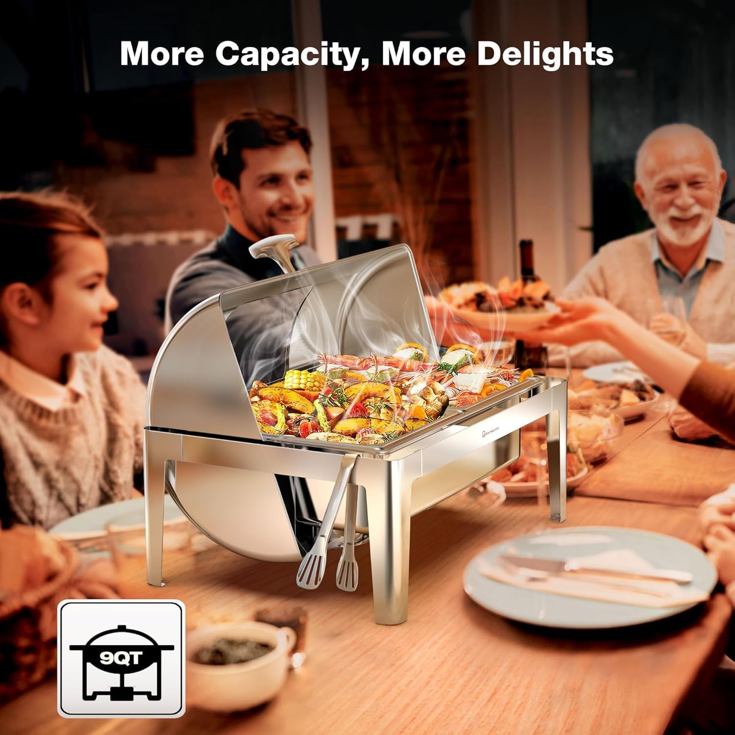 WARMOUNTS 9QT 180° Roll Top Chafing Dishes for Buffet with Glass Top, Rectangular Chafers and Buffet Warmers Sets with Mirror-Polished Stainless Steel, Rolled Rim for Event, Hotel (Half-Size Food Pan)