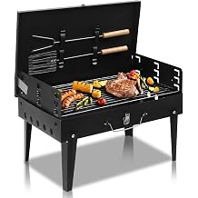 LEADZM Charcoal Grill with Lid - Folding Grill for Camping & Picnic, L 44 x W 27 x H 22 cm - Square Outdoor Grill Including Fork and Spatula Complete Set - Black