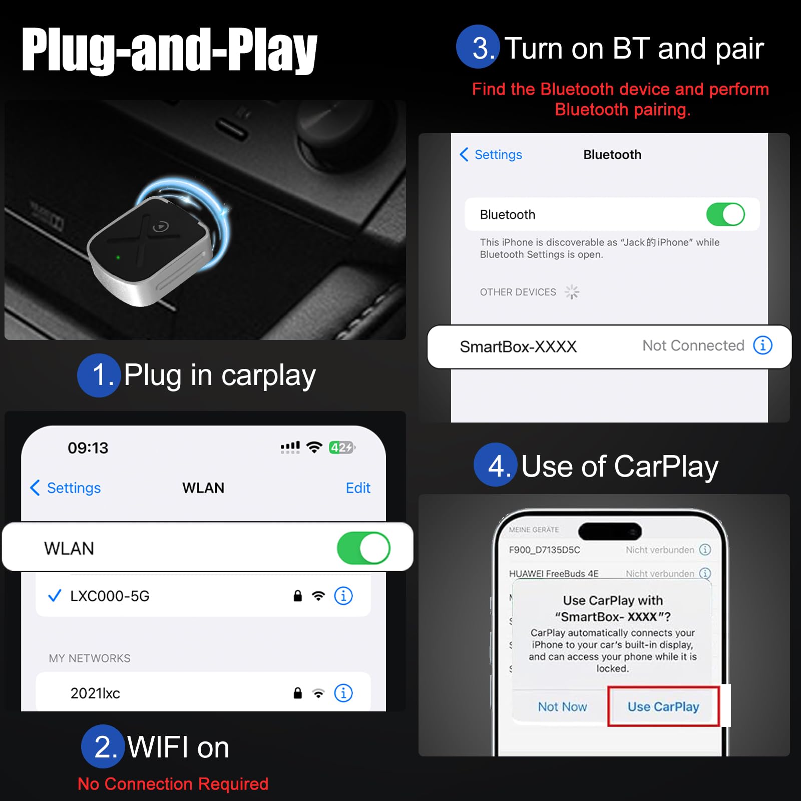 Adaptateur CarPlay sans Fil pour Apple iPhone,Convertit CarPlay Filaire en Adaptateur sans Fil,Plug & Play, Extension USB & USB-C, Compatible avec Les Voitures à Partir De 2016 et iPhone iOS 10+