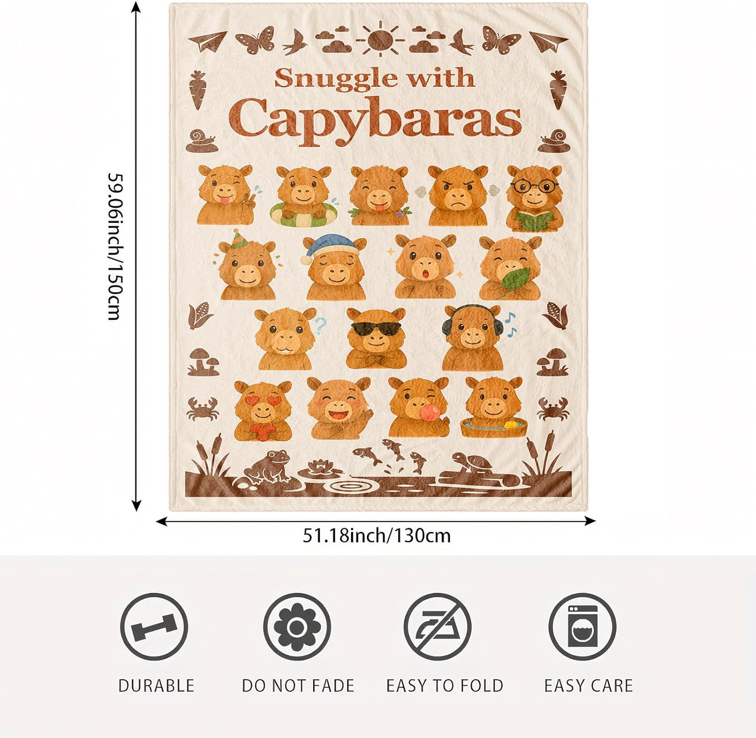 Capybara Throw Blanket Gift — Cute Kawaii Cartoon Capybara, Cozy Decor for Kids, Teens & Women, Birthday Christmas Mother's Day, Couch Bed Travel Comfort, Size 50'' x 60'' - Image 3