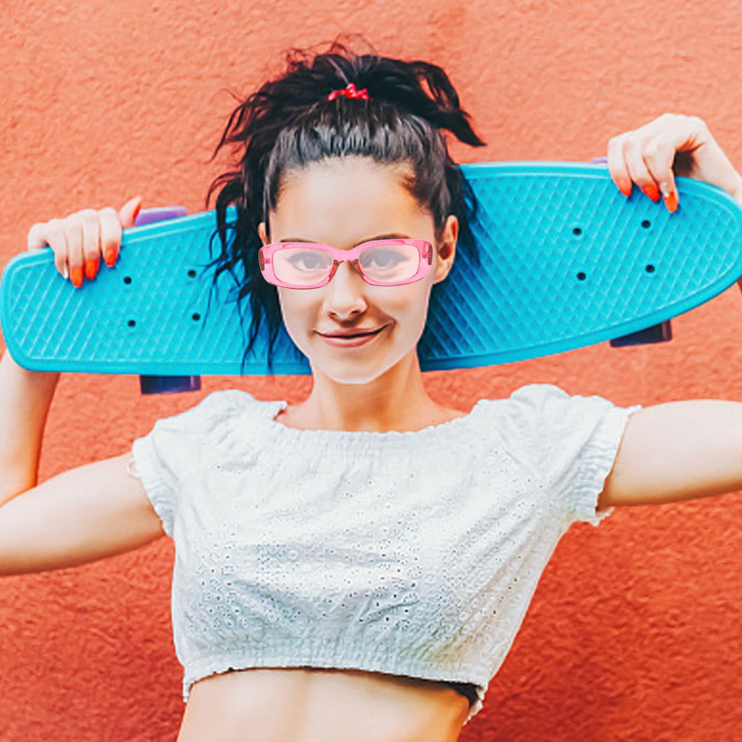1 różowe okulary i 1 torba na okulary, modne okulary przeciwsłoneczne, prostokątne okulary przeciwsłoneczne, okulary przeciwsłoneczne retro, akcesoria odzieżowe, Różowy, M