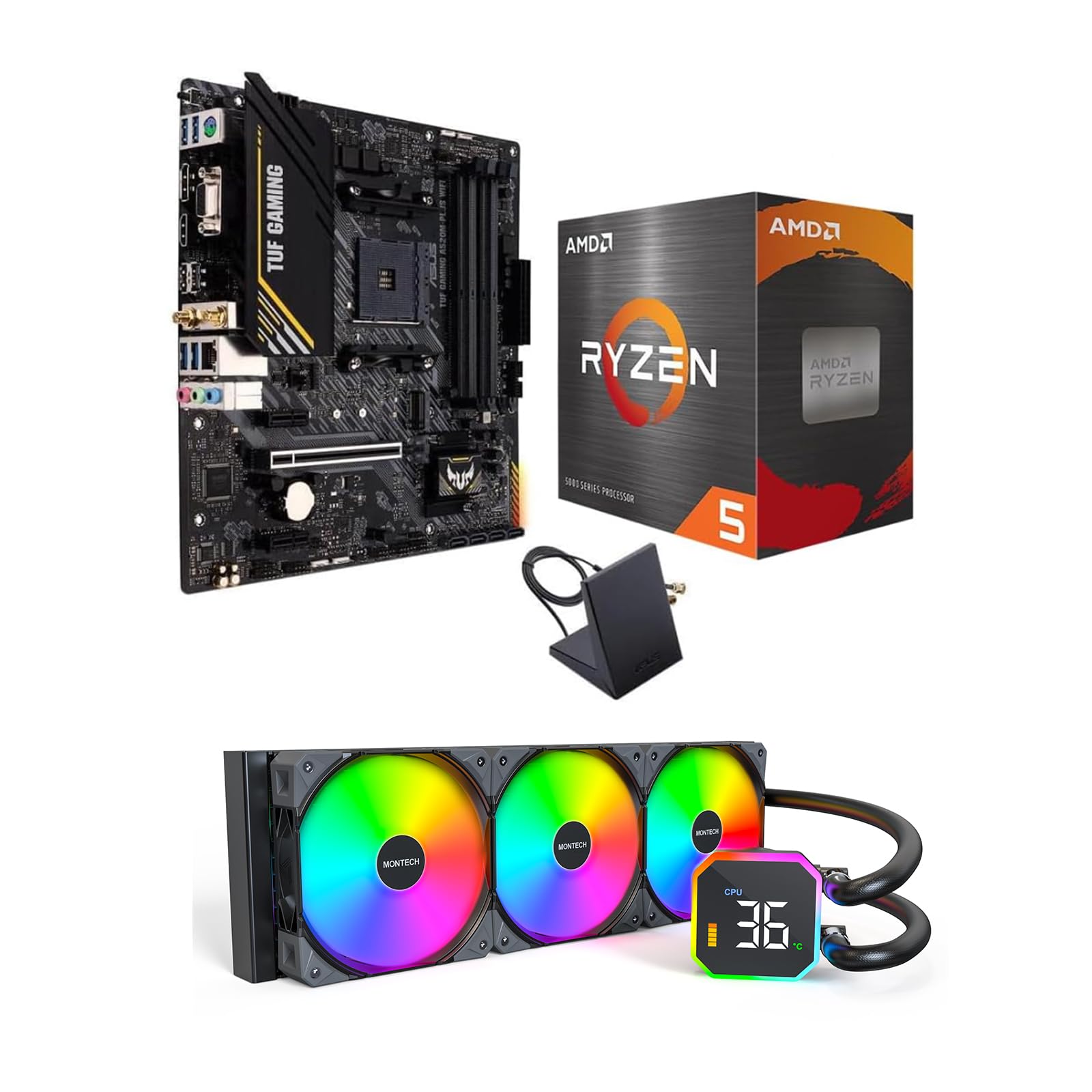3 in 1 Bundle: AMD Ryzen 5 5500 Desktop CPU Processor + ASUS TUF GAM A520M-PL WF Motherboard + Montech Hyperflow Digital 360mm CPU AIO Water Cooling