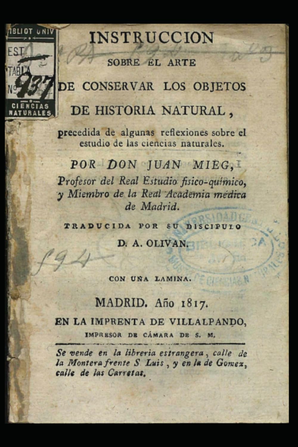 Instrucción sobre el arte de conservar los objetos de historia natural. 1817. Edición facsímil: (Taxidermia)