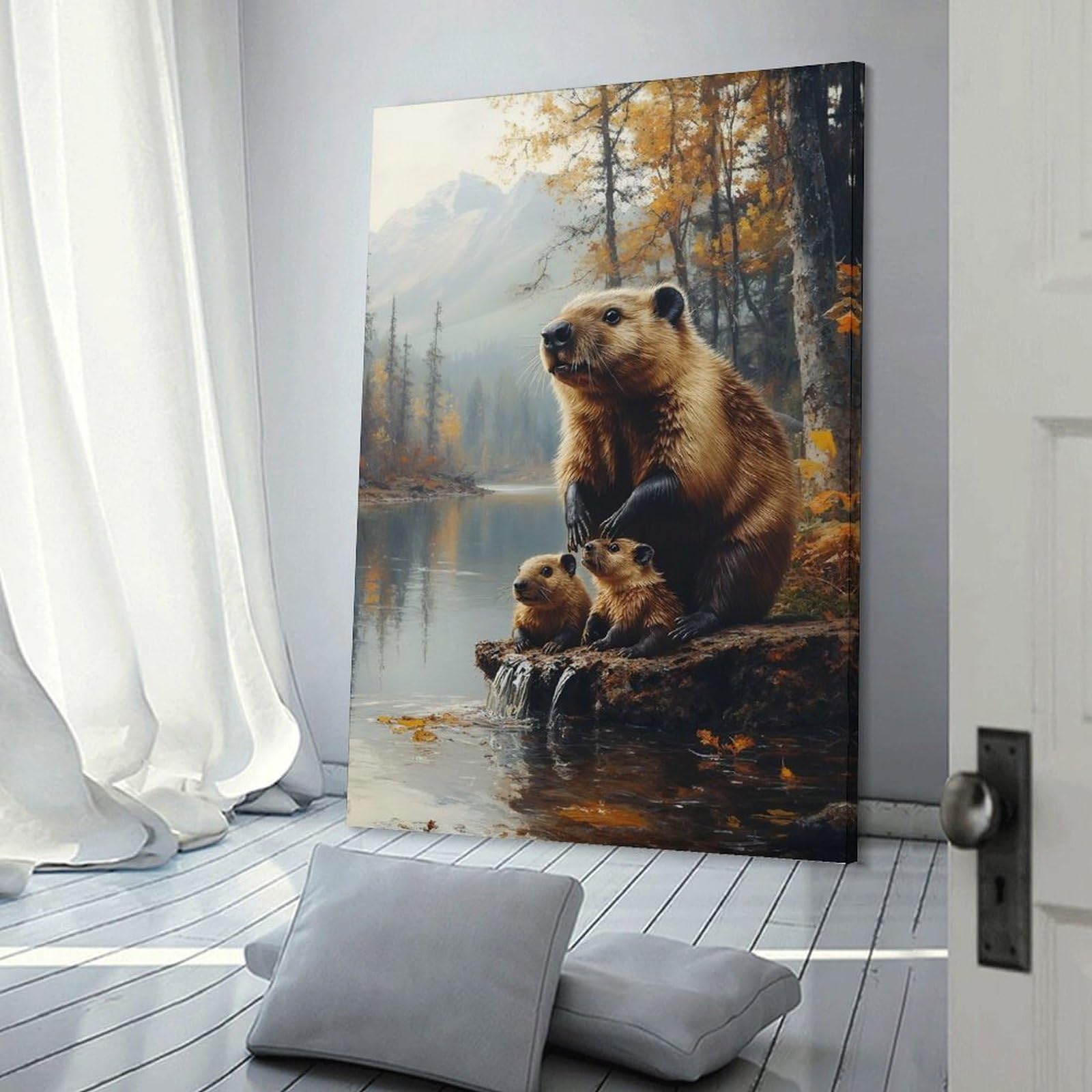 Junmoney Beaver Family by The Autumn Lake Decorative Wall Artwork, 20x30inch(50x75cm), for Corridors, Hallways Or Apartment Entries, Home Artwork for First Impressions