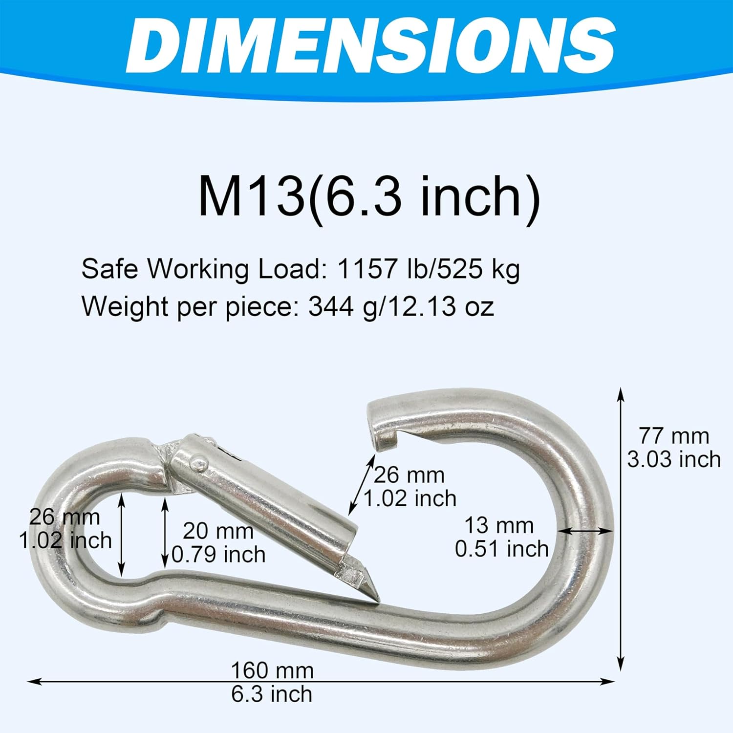 304 Stainless Steel Carabiners -6.3 inch Heavy Duty, Durable & Rust-Free Clips for Gym, Swing, Dog Leashes, Hammocks, Keychains, and More(304,M13,Pack of 2)