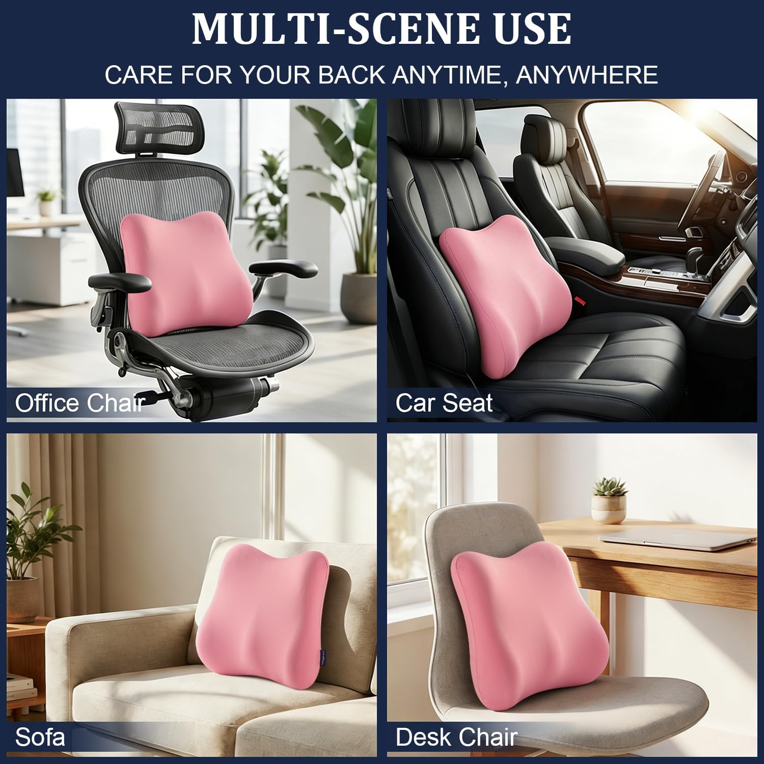 Pink Lumbar Support Pillow for Office Chair and Car Seat Soft Memory Foam Lumbar Pillow with Breathable Removable Cover Lower Back Pain Relief & Posture Support