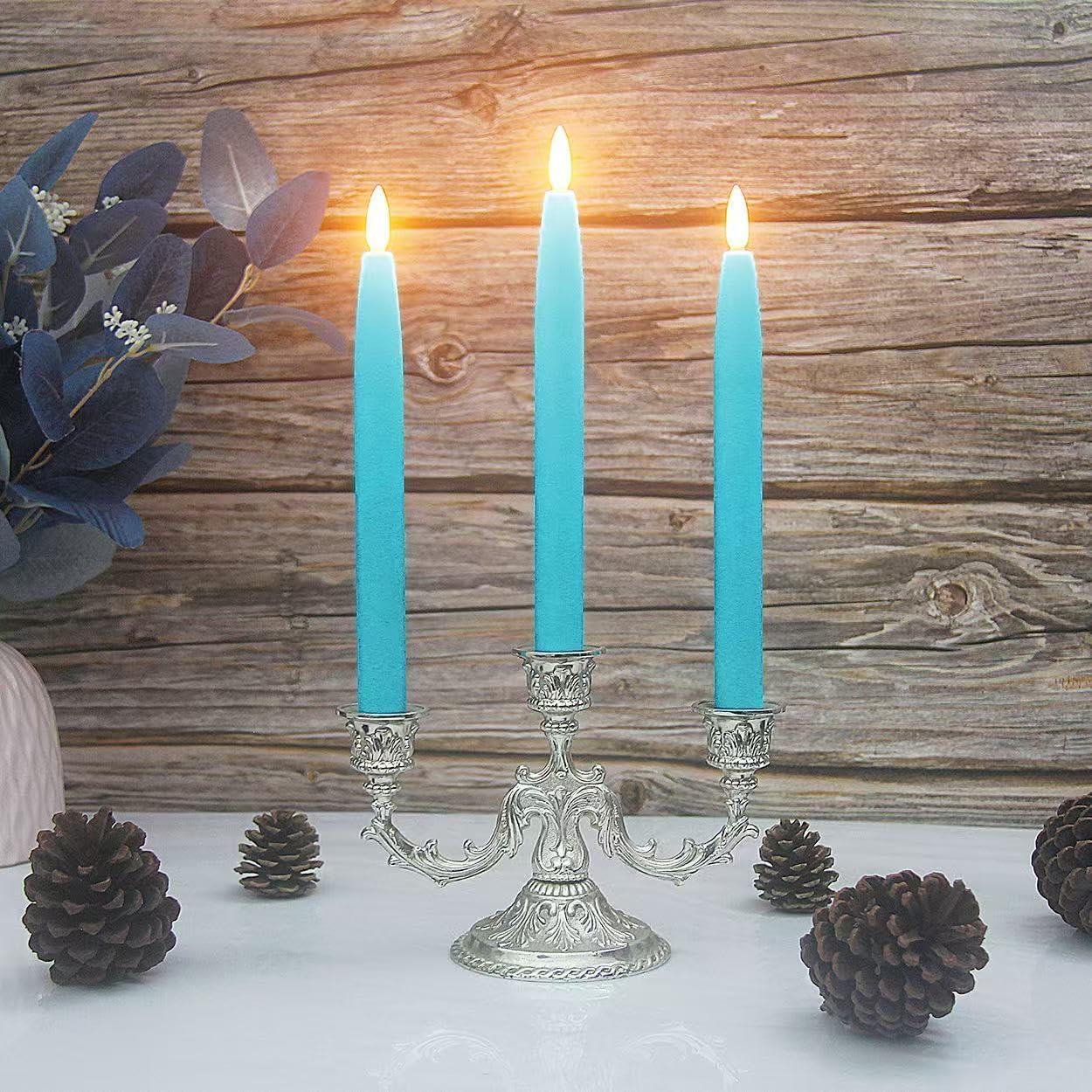Flameless Taper Candles Battery Operated with Timer and Remote, LED Real Wax Tapered Dinner Candle, Window Candle Set of 3. Centerpieces for Dining, Table, Christmas, Wedding (Blue)